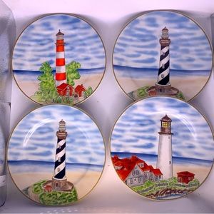 Set/4 Nautical Lighthouses Salad Dessert Appetizer China Plates 7.5"